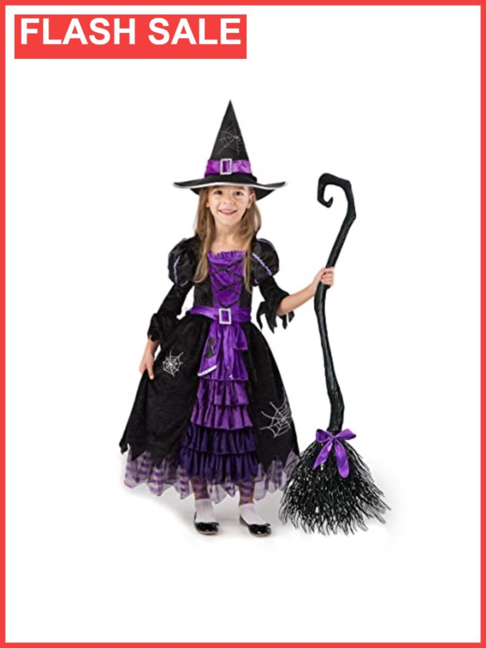 Girls Deluxe Witch Costume Set with Broom Hat Dress 100% Polyester
